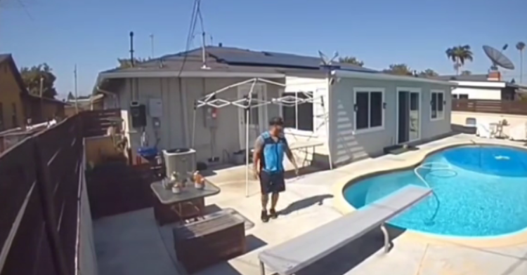 Delivery man approaches pool