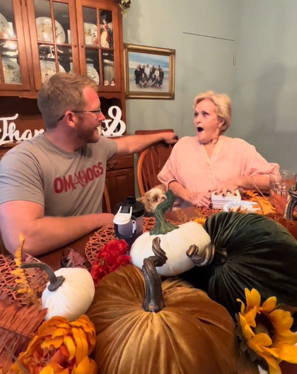 A man delivers great news to his shocked grandma.