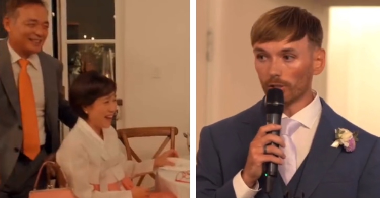 A two-photo collage. The first shows an older man and woman, who are well dressed, smiling. The man is standing and the woman is sitting at a table. The second photo shows a groom speaking into a mic, looking nervous.