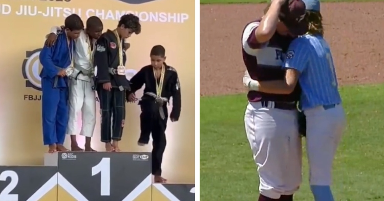 A two-photo collage. The first shows three young boys all standing on the winner spot on the podium. A fourth boy is being helped onto the podium with the rest of them. The second photo shows two baseball players, on opposing teams, hugging.