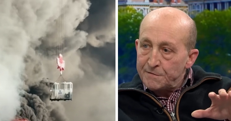 A two-photo collage. The first shows a close up of a crane in the midst of smoke. The second photo shows Glen Edwards, the heroic crane operator, talking.