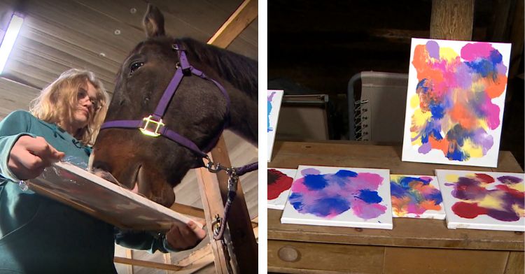 A teenage girl helps a horse paint with his mouth.