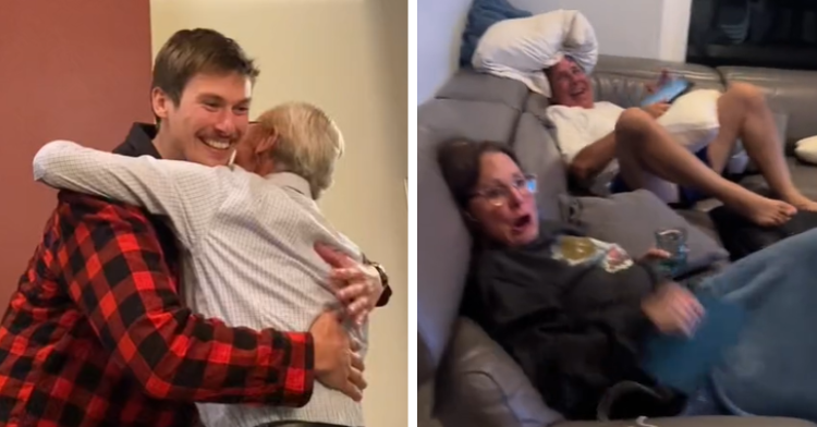 man hugs grandpa, parents laugh