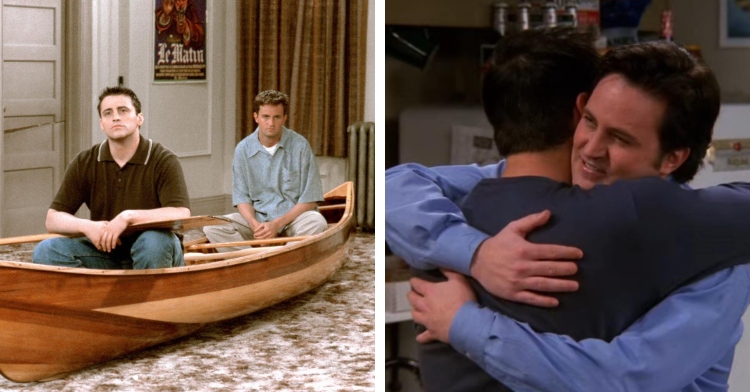 A two-photo collage. The first shows Matt LeBlanc and Mathew Perry on "Friends." They're both sitting in a canoe in their apartment with nothing else in the room. The second photo shows the two of them hugging on "Friends," though we can only see Matthew Perry's face from this angle.