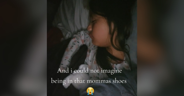 A little girl is fast asleep in bed. Text on the image reads: And I could not imagine being in that mommas shoes" with a crying emoji.