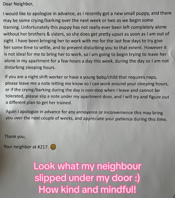 A note from a neighbor apologizing for their noisy new puppy. 