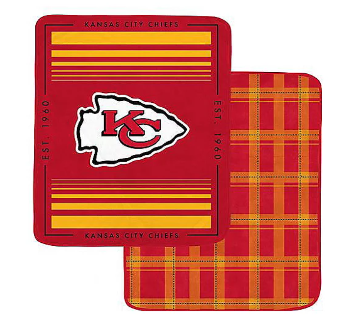 Front and back view of NFL 60"x70" Double Sided Throw By Pegasus Sports in the style of the Kansas City Chiefs.