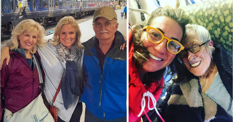 a two-photo collage featuring terri with her parents, and shawn with her mom