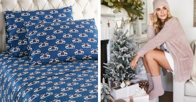 A two-photo collage. The first photo shows the Shavel Queen Micro Flannel Printed Deep-Pocket Sheet Set from QVC in Navy Blue with a reindeer pattern. The second photo shows a woman sitting on the arm rest of a couch wearing a cozy hat and cozy socks that match. She's next to a fireplace that is decorate for Christmas.