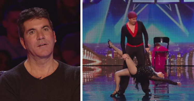 a two image collage. the photo on the left shows simon cowell looking shocked. the photo on the right shows an 80-year-old dancer being dipped by her partner on stage