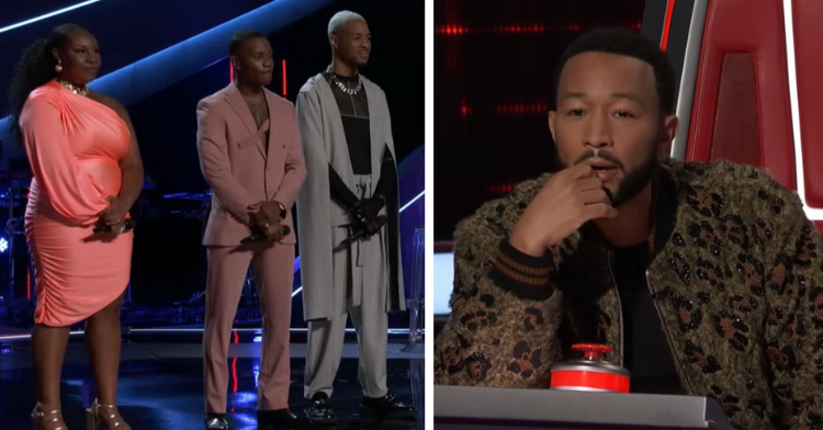 a two collage photo: the one on the left shows Mac Royals, Taylor Deneen, and Brandon Montel on the voice stage and the one on the right shows John Legend in his chair