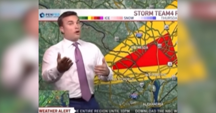 Weatherman talks to the camera during a tornado warning. The screen behind him shows the path of the storm, which goes right over his home.