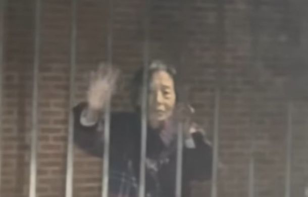 grandma waving through bars on fence
