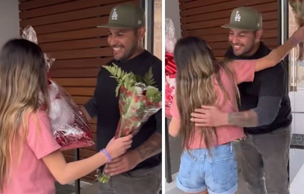 Ex-husband giving his daughter birthday gifts and a hug.
