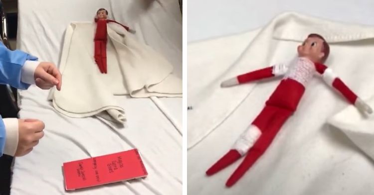 Sam the Elf on a Shelf receiving emergency elf surgery to reattach a severed limb following a vicious dog mauling.