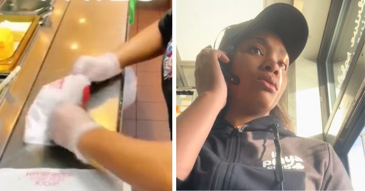Fast food workers wrapping a burger and working the drive-thru.