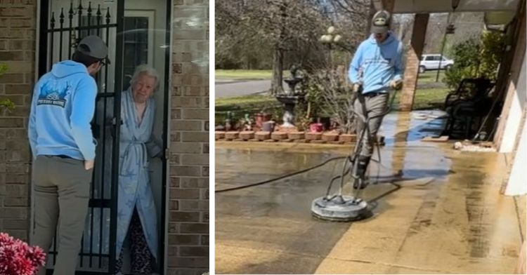 Left image shows a business owner talking to a homeowner about free pressure washing. Right frames shows him washing the driveway.