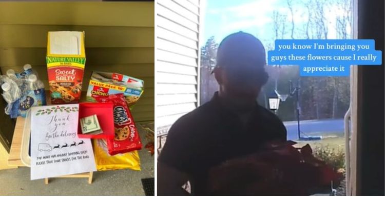 An injured delivery driver received a tip, snacks, and a wonderful letter from a family on his route. He bought them flowers to thank them for their generosity.