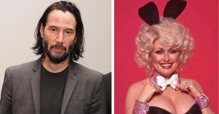 Image shows a 2019 portrait of Keanu Reeves on the left and Dolly Parton in her Playboy Bunny costume on the right.