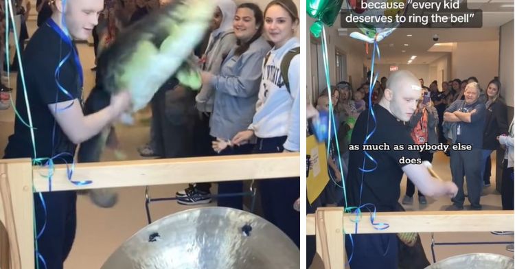 After ringing the bell for his own cancer treatment ending, young man rings the bell for his friend, who didn't make it to bell day.