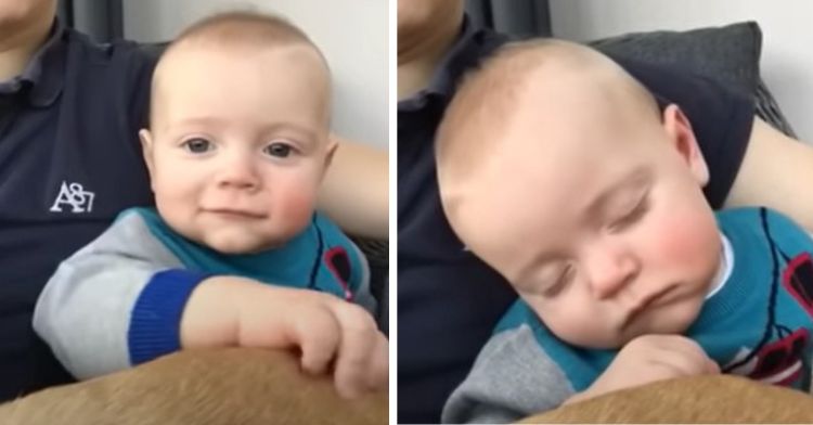 Left frame shows a wide awake baby. Right frame shows the same baby asleep after his dad's magic swipe.