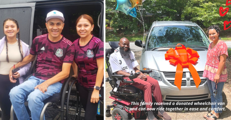 Both images show families who received donationed wheelchair-accessible vans offering them the gift of mobility.