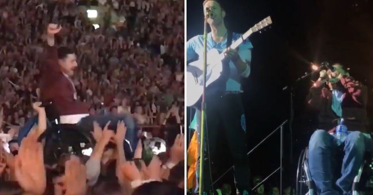 Images show a wheelchair-bound man crowd-surfing to the stage, then appearing with Coldplay Lead Chris Martin.