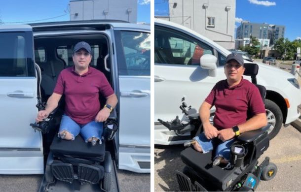 Image shows an amputee using the ramp on a disability-equipped van on the left and posing in his wheelchair next to the van on the right.