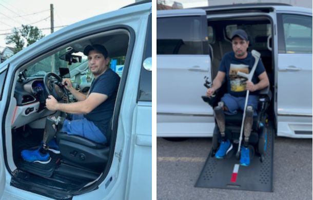 Muataz Azooz posing in the driver's seat on the left and rolling down the wheelchair ramp on the right. The vehicle was supplied by MagicMobility Vans.