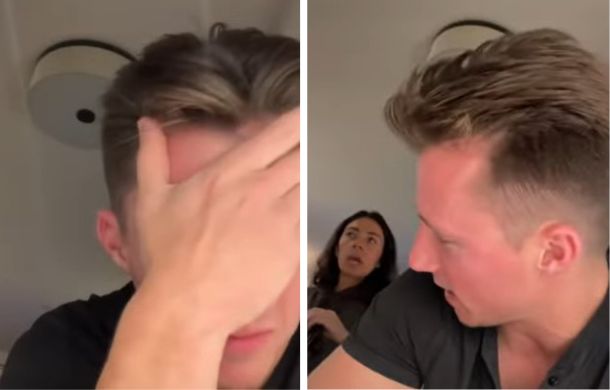 Two frames showing a frustrated dad while choosing the perfect baby name with his wife.