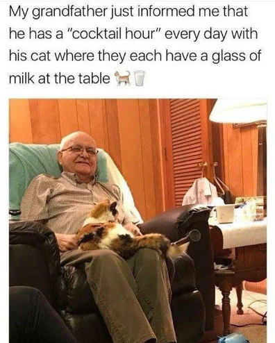 grandpa and cat drinking milk wholesome meme