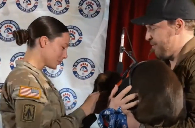 gavin degraw hands dog to soldier at paws of war