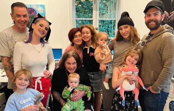 Image shows Sharon Osbourne and Ozzy with the entire family when they gathered to celebrate Ozzy's 75th birthday.