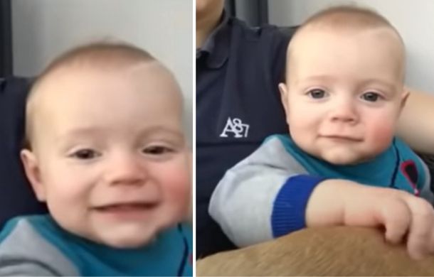 Image shows two shots of a very happy, very wide awake baby sitting on his dad's lap.