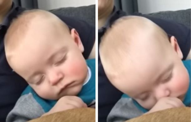After four magic swipes, the dad had a sleeping baby. He is shown here, asleep, in both frames.