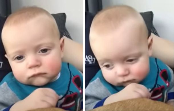 Left image shows a baby that is beginning to show signs of being tired. Right image shows the same baby drifting and nodding a bit.