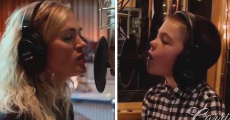 A two-photo collage. The first shows a close up of Carrie Underwood singing into a mic in a studio. The second photo is a close up of her son, Isaiah Fisher, singing into a mic in a studio.