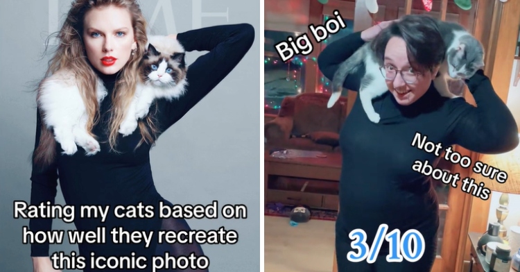 A two-photo collage. The first photo shows Taylor Swift on the front of Time magazine. Her cat, Benjamin Button, is draped around her shoulders. Text on the image reads: Rating my cats based on how well they recreate this iconic photo. The second photo shows WonderBread, one of Alex's cats, recreate the photo of Taylor Swift and Benjamin did for Time magazine. Alex is on her knees as WonderBread tries to get off of her. Text on the image reads: Nervous about being up Okay, we can go down now 3/10