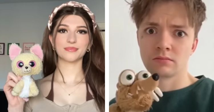 Young adults pose next to their childhood stuffed animals.