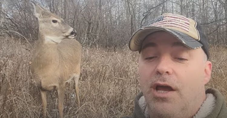 A man reads Shakespeare out loud to a deer in the woods.