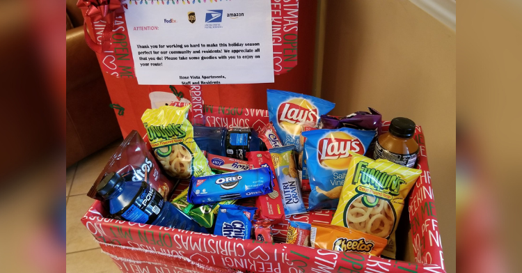 basket of goodies with a sign thanking delivery drivers