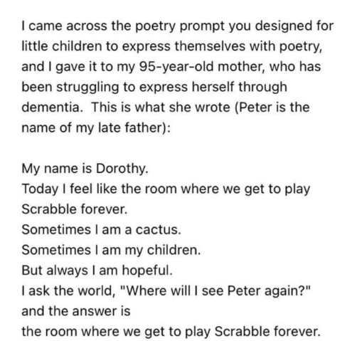 A letter from a dementia patient's daughter about the elderly woman's poetry.
