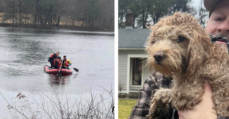 A two-photo collage. The first shows three people on a small boat row their way on a lake to a small island in Rhode Island for a dog rescue. The second photo shows a man holding a dog, Margot. Her fur is curly and light brown in color. She looks dirty after her rescue. They're outside standing in front of a house.