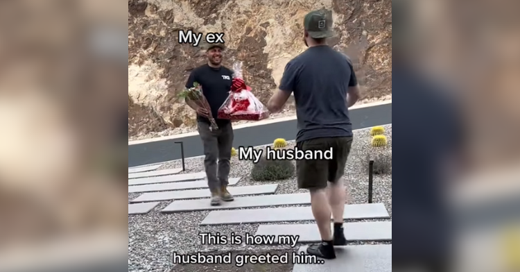 a mom's ex-husband approaching her new husband while carrying flowers