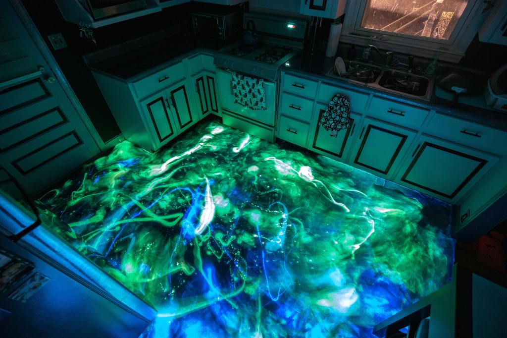 A galaxy-inspired resin floor that glows in the dark. 