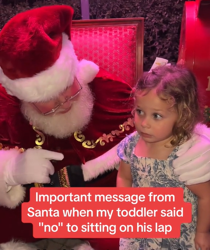 Close up view of a man dressed as Santa and a little girl. Santa gently points at the girl as he rests his other hand on her shoulder and talks to her. The little girl listens intently, eyes wide.

Text on the image reads: Important message from Santa when my toddler said "no" to sitting on his lap