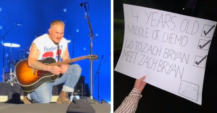 A two-photo collage. The first shows country singer Zach Bryan on one knee at the edge of a concert stage. He's holding his guitar that he wears, leaning forward as he reads a sign we can't see in this image. The second photo shows someone holding a poster with one hand as they take this photo with the other. On one side are words: 4 years old. Middle of chemo. Go to Zach Bryan. Meet Zach Bryan. Next to each point is a box with a checkmark. But the last contains Zach Bryan's signature.
