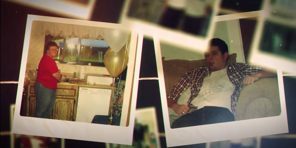 Two of Pat's photos are shown in a way to where they're edited into polaroids. One shows a woman looking back and smiling as she does dishes at a sink; she could be Pat. The second shows a young man talking as he sits on a couch.