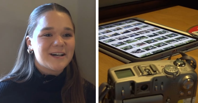 A two-photo collage. The first shows a close up of a young woman smiling as she talks. The second photo shows the Goodwill camera she got that's next to a tablet with a bunch of photos on it.