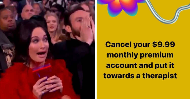 A two-photo collage. The first shows a screenshot of Kacey Musgrave at an award show who just won something. Her mouth is agape and eyes wide from shock. The second photo shows a graphic made to look like a Spotify Wrapped image. Text on the image reads: Cancel your $9.99 monthly premium account and put it toward a therapist